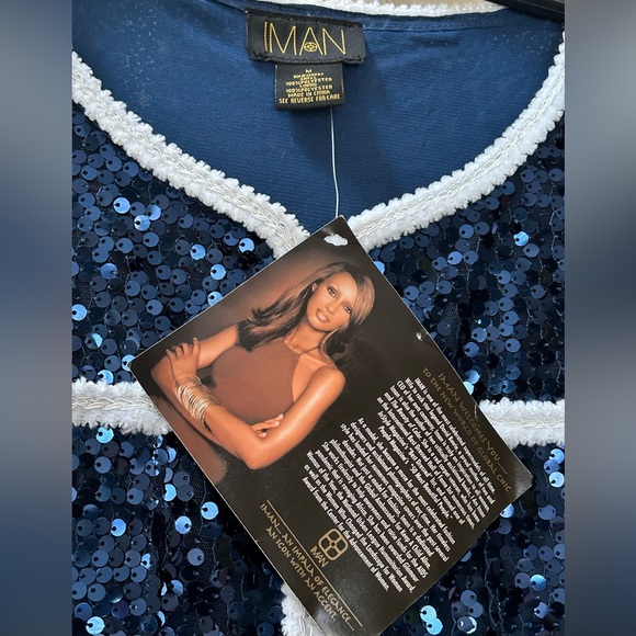 NWT Iman Global Chic Blue Sequins White Trim Jacket Blazer Cardigan Size M - Picture 5 of 13
